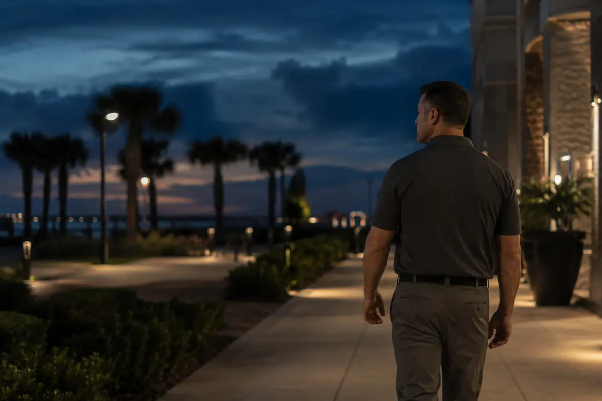 Security professional observing a Gulf Coast property at dusk